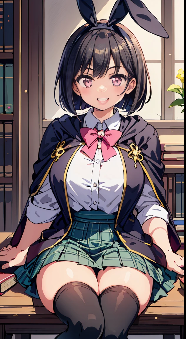 (Cute illustration:1,2),(Absurd realistic structure details),(High resolution complex and detailed text quality),(High-resolution microstructure、High poly 3 boobs D rendering correction),Methods of geometry,Careful explanatory anatomy,
BREAK,
Beautiful Girl, ( girl), Very detailed, colourfull, highest details, 1 beautiful girl, Solo,(Cute:1.5),(Chibi:0.8), (kawaii:1.5),(Lori:0.5),(girl, Cute, Cheerful, Loli face, stly bulging chest),(A dark-haired,Disheveled short bob,tareme,Pink eyes:1.55),(sano,A smile,Bad face:1.2), (White rabbit ear headband:1.2),Shiny skin,Clear skin, Beautiful skin,(best quality face),(Top quality glowing eyes), (The best smile,Doya face:1.45), BREAK, Witch Hat,
(grin, 😀, Smirk), Open mouth, angry, droolng, (tag(School uniform:1.1), Fantasy costume,
(Sorcerer'cloak of, Black cloak), (Collared shirt, White shirt), (Miniskirt:1.2), (Green skirt, Pleated skirt), (plaid skirts:1.1), (thick thighs:1.2), (black kneehighs:1.2), (zettai ryouiki:1.3),BREAK, (Magic books are spread out on the table:1.2), Stacked books,
(Girl sitting on chair with legs crossed:1.2), 1 person'Hands raised, Detailed hand,
BREAK,(day), Indoor, medieval fantasy archives, gothic library, Magic Book, bookcase, 1 table, 1 chair, 1 lantern, basements, darkened room, (Countless crystals floating in the air:1.2), (big chunks :1.2), Waterfall,depth of fields,
BREAK,wakame,wakame,wakame,(Cowboy Shot:1.4),
BREAK,(Blurry background:1.3),(absurderes, hight resolution, Super Detail Art),cel shading,Clear Color, Lonely optical effect, Beautiful pictures, Bright glow, mystic atmosphere,(Close-up of girl:1.1), Mystical light particle effect,manga influence, clean line drawings,
Ryu, Ryu, Ryu, Ryu, Ryu, Ryu, Ryu, Ryu, Ryu, Ryu, Ryu, Ryu