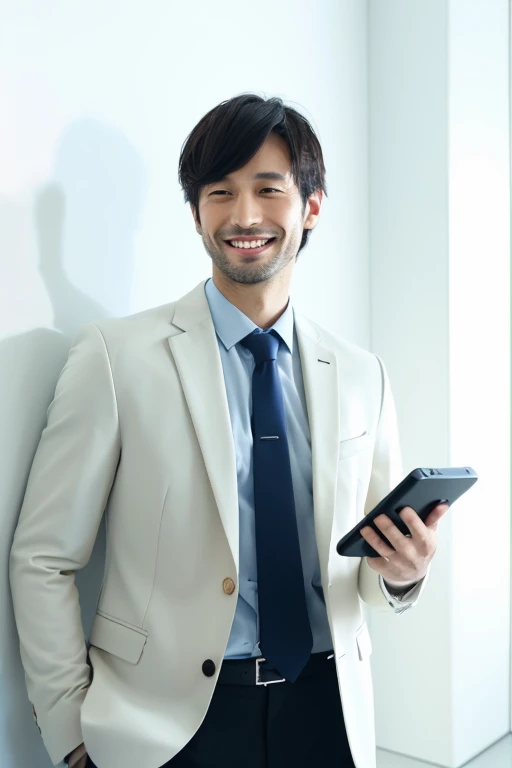 man looking at smartphone,a smile,Handsome Japanese 30 year old man,I have a smartphone,Being in a white room,wears a suit