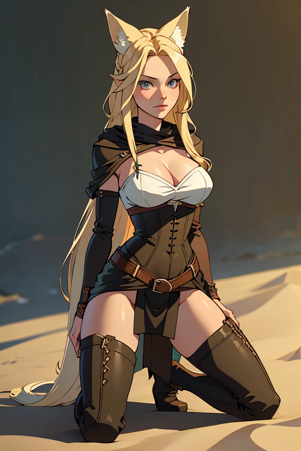 Beautiful 1girl, full body, ager, solo, (very long waist length blonde hair, straight blonde hair: 1.28), ((light blue eyes)), clear skin, (large darker fox ears: 1.35), pale skin, medium breasts, cleavage, (thin hips, thin waist , athletic body: 1.25), background, looking away, (revealing clothes, brown leather, cowl, cloak, corset, skirt, long boots, buckles, straps, pouches, green fabric, brown leather: 1.1), groping chest, kneeling in the sand, masterpiece, best quality,3d rending work ,3DMM style, close-up, portrait, 3D,