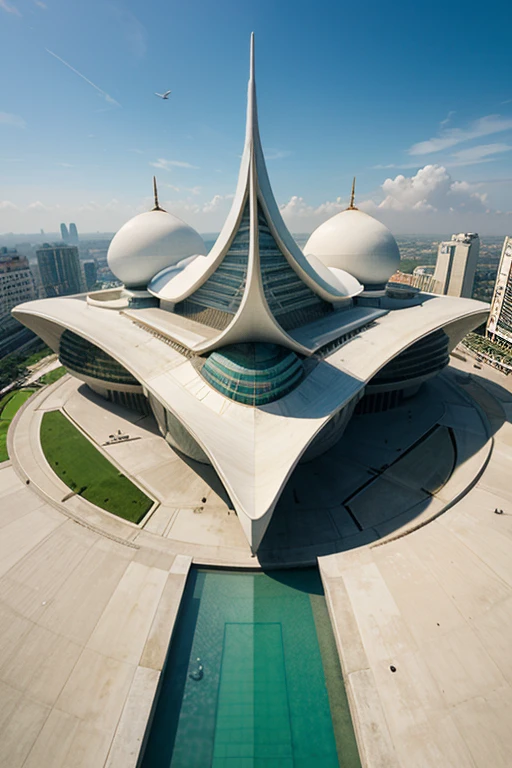Redesign, Padang Grand Mosque, Architect, Zaha Hadid, Bird's Eye Perspective, Modern Colors, Futuristic, Elegant, Fluid, Curves, Transparent, Majestic, Minimalist, Dynamic, Bold