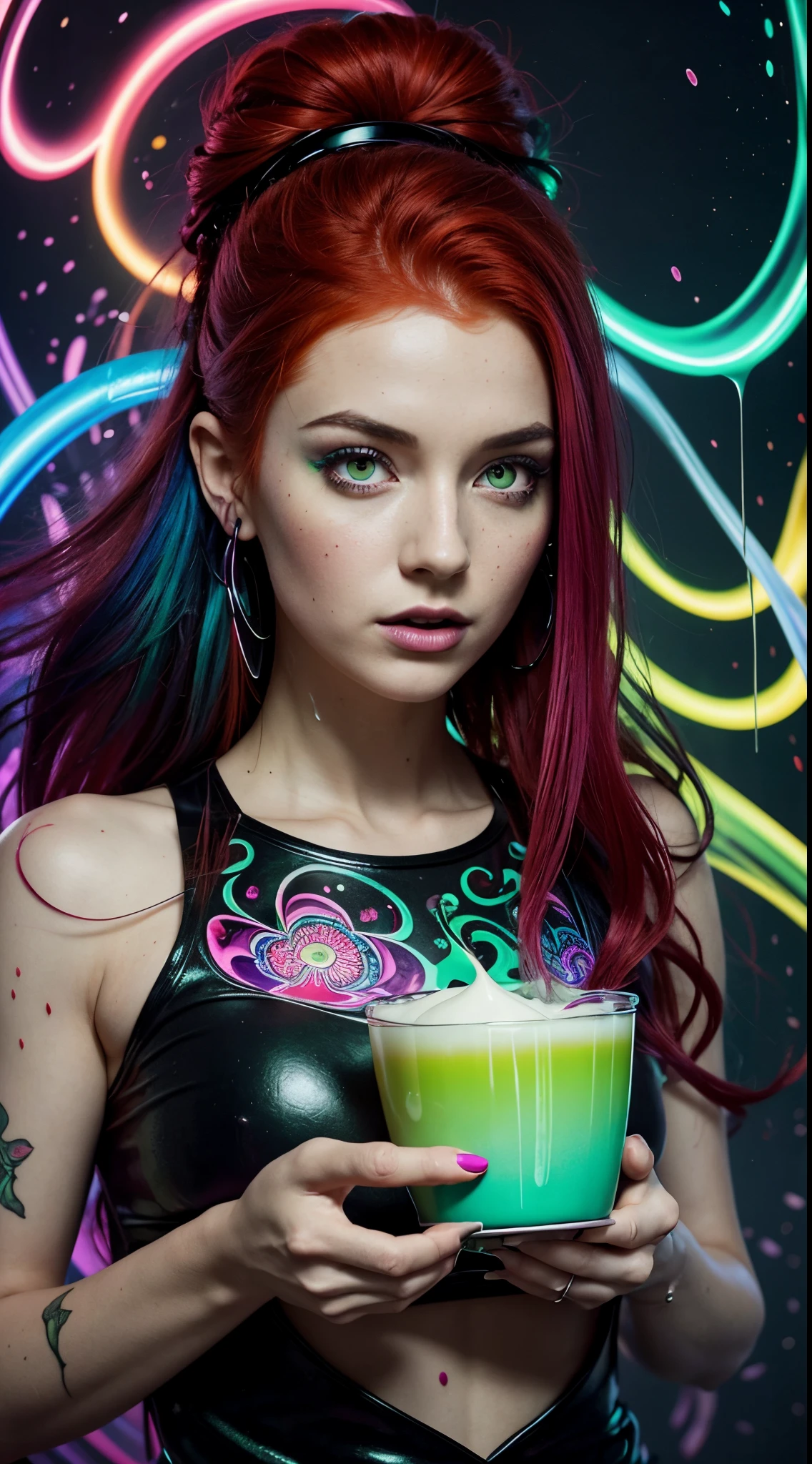Psychedelic vision of a beautiful therapist with red hair and a black gothic top experiencing the world as hallucinations holding a cup of green tea, a lucid dream of neon smoke unfurls in this dreamlike image portraying neon tea splashing into swirls of rainbow bursts of light, vivid use of paint splash colors of green, blue, and purple, fantasy psychedelic atmosphere