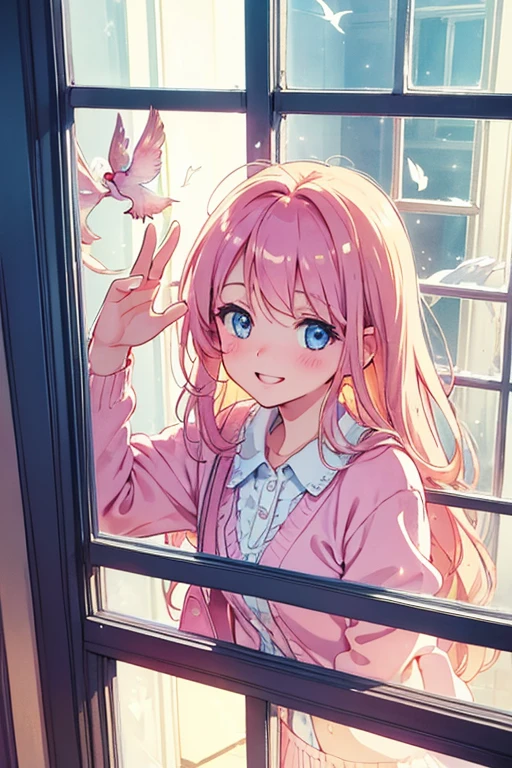 Beautiful eyes, Morning, (From outside the window: 1.3), From outside the window, Pink cardigan, Looking up, Glitter, Laughing, Happy, Blush, Masterpiece, Top quality, Ultimate detail, Illustration, (Extremely delicate and beautiful ), highly detailed bodies, delicate arms and hands, real skin textures, small birds, dynamic lighting, wind,