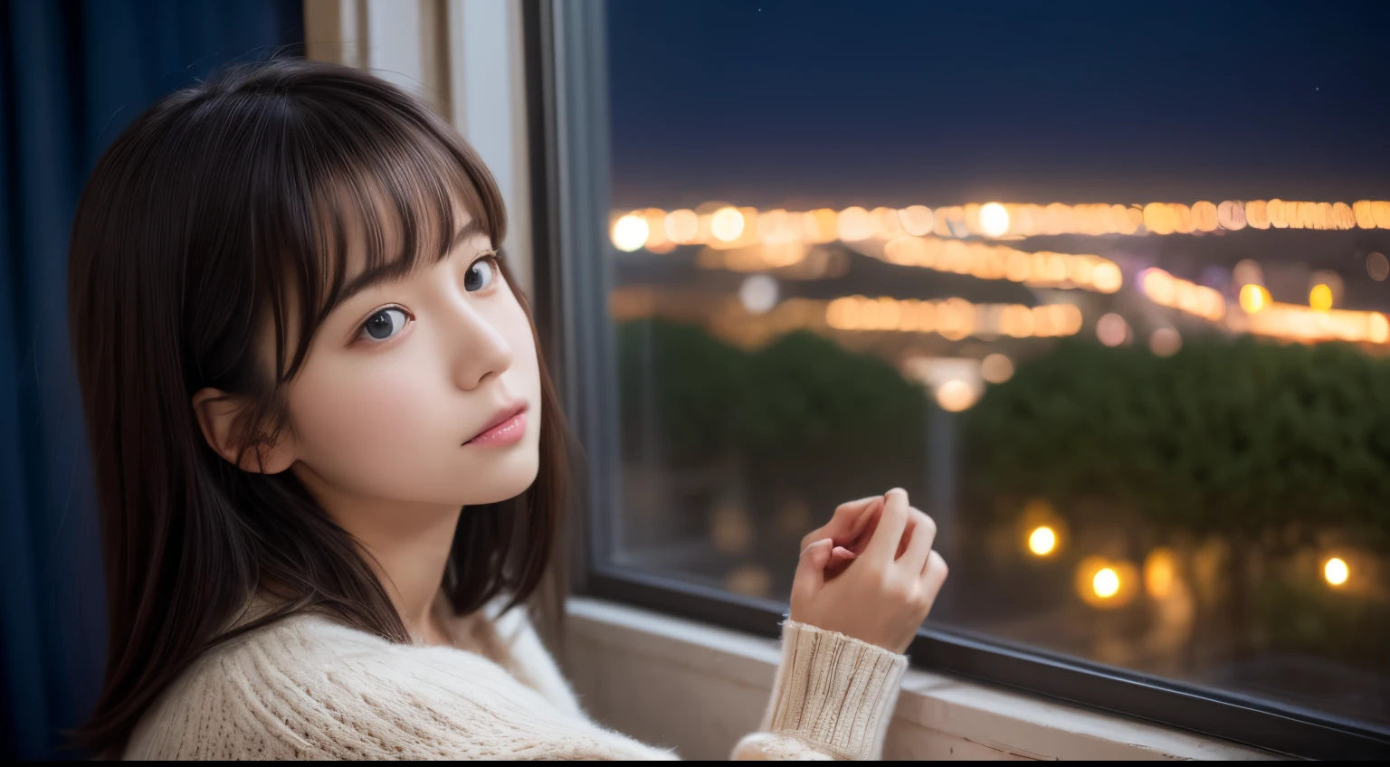 1girl in, sixteen years old、15 Japanese gravure models, (cute little, a beauty girl,profile:1.2), Modest big, Clean facial skin, 𝓡𝓸𝓶𝓪𝓷𝓽𝓲𝓬,Beautiful Christmas Night:1.2, (Look up at the night sky outside the window:1.5)、(room with christmas tree:1.2), (fluffy white wool sweater:1.2), red scarf, (Red pleated skirt), A dark-haired、lost in thought、van leak'a masterpiece of, Best Quality, hight resolution, Detailed skin, Detailed face and eyes, Hi-Res, Natural lighting, Perfect Anatomy, Physically-based rendering, Photorealistic, symmetric clear eyes, Well-groomed face,Teenage girl, Perfect figure, Transparency, hposing Gravure Idol,