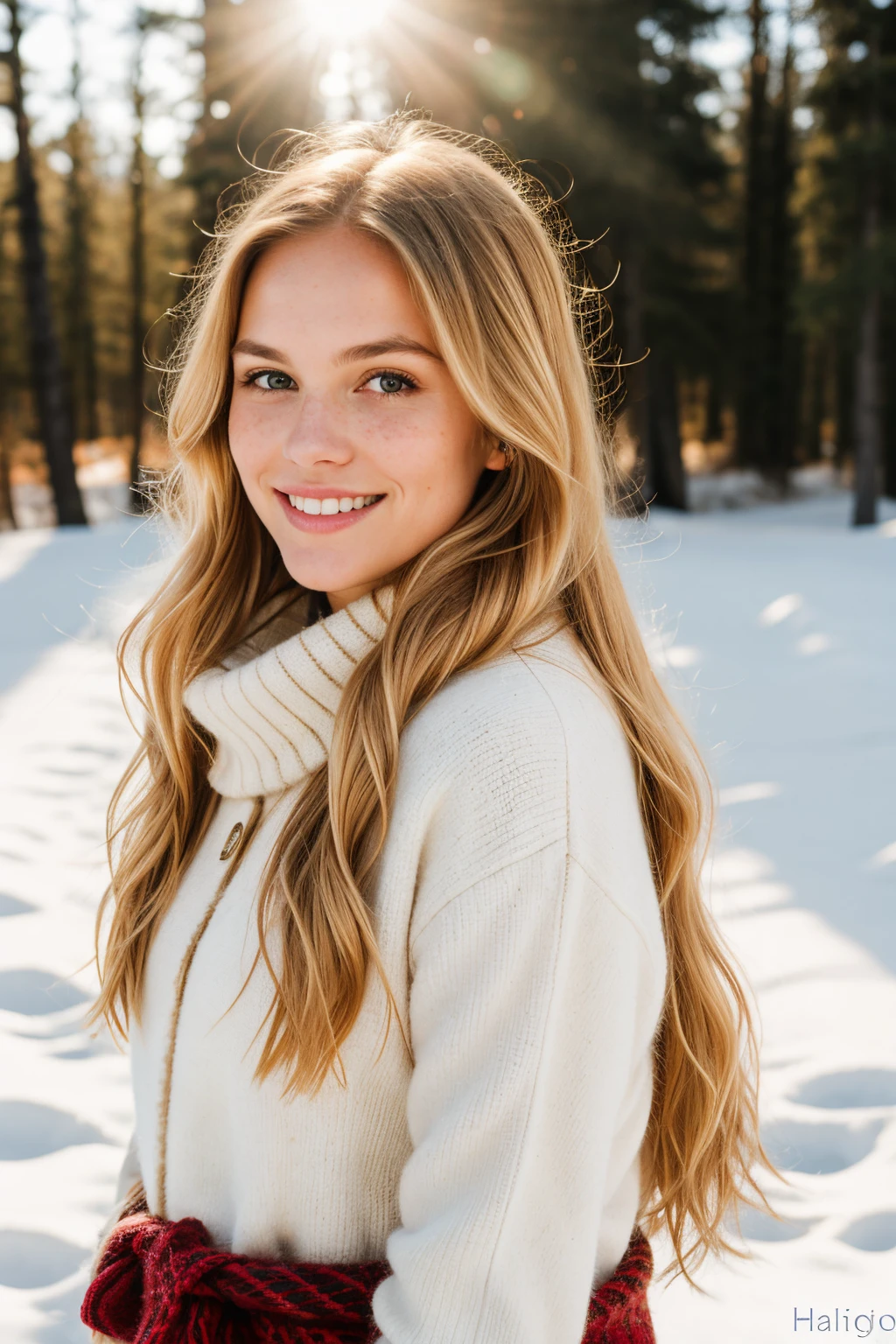 professional portrait photography of a beautiful Norwegian girl alone in winter clothes with long wavy blonde hair, smiling, golden hours, sensual seductive look, freckles, beautiful symmetrical face, cute natural makeup, wearing elegant warm winter fashion clothes, standing outside in nature, backlit light