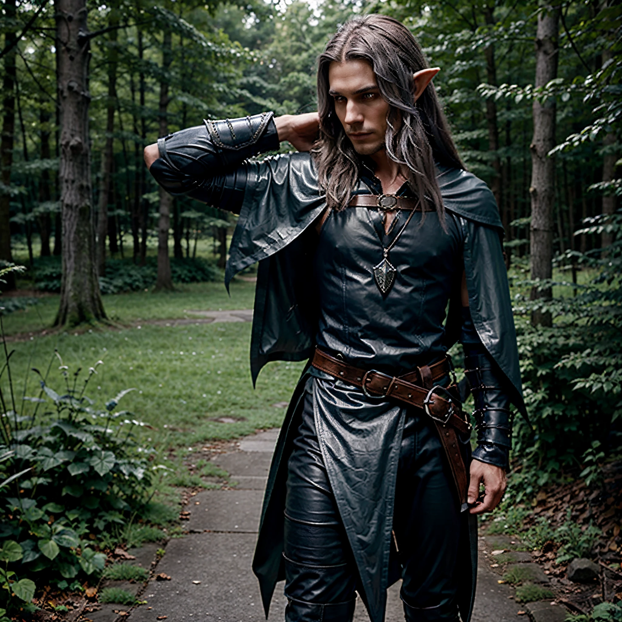 Elarian elf, male elf ranger, blueish gray hair, long hair, pale skin, silvery skin, slender, very dark navy blue cloak, light gray shirt, dnd character, ultrarealism, fantasy, simple silver arrow necklace, beautiful male, athletic body, slightly feminine, daggers and sword hanging on leather scabbard, brown leather vambrace, brown leather pauldrons, leather chest armor,  leather boots, black pants, smirk, posing like royalty, posing in dark forest, nighttime