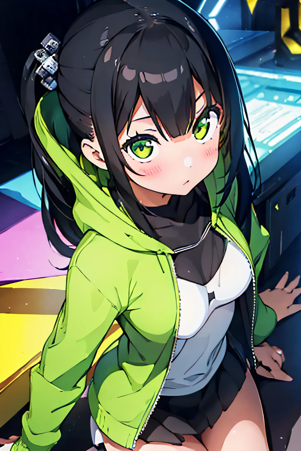 (1girl), bottomless, anime style, polished and powerful look, exotic, girl design, mara, portrait, giesha, anime image, with yellow green side tail long hair, showing shoulder, black and green punk hoodie, low angle, wide angle lens f/2.8, ultra insane high resolution intricate textures, texture indentation, perfect perspective, perfect geometry, ultra insane ambient lighting, ultra insane ambient shadows, luminism, tessellation, maximalism, perfectionism, IPA Award wining masterpiece,