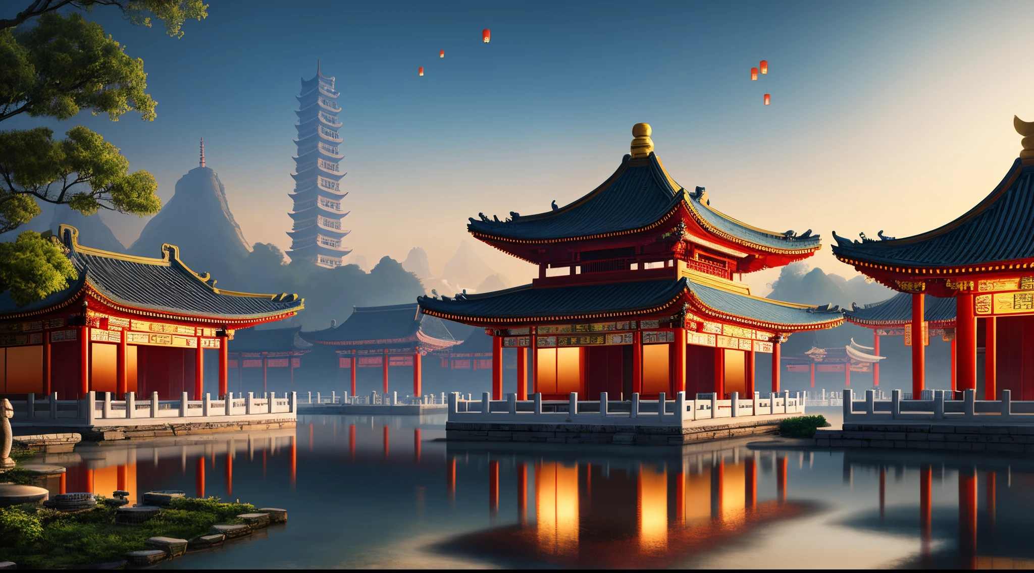 Chinese temple paintings，There are lanterns and a pond in front, Cyberpunk ancient Chinese castle, digital painting of a pagoda, Beautiful rendering of the Tang Dynasty, Dream China Town, 8K high quality detail art, rossdraws global illumination, Anime background art, G Liulian art style, ancient city landscape, ross tran. scenery background