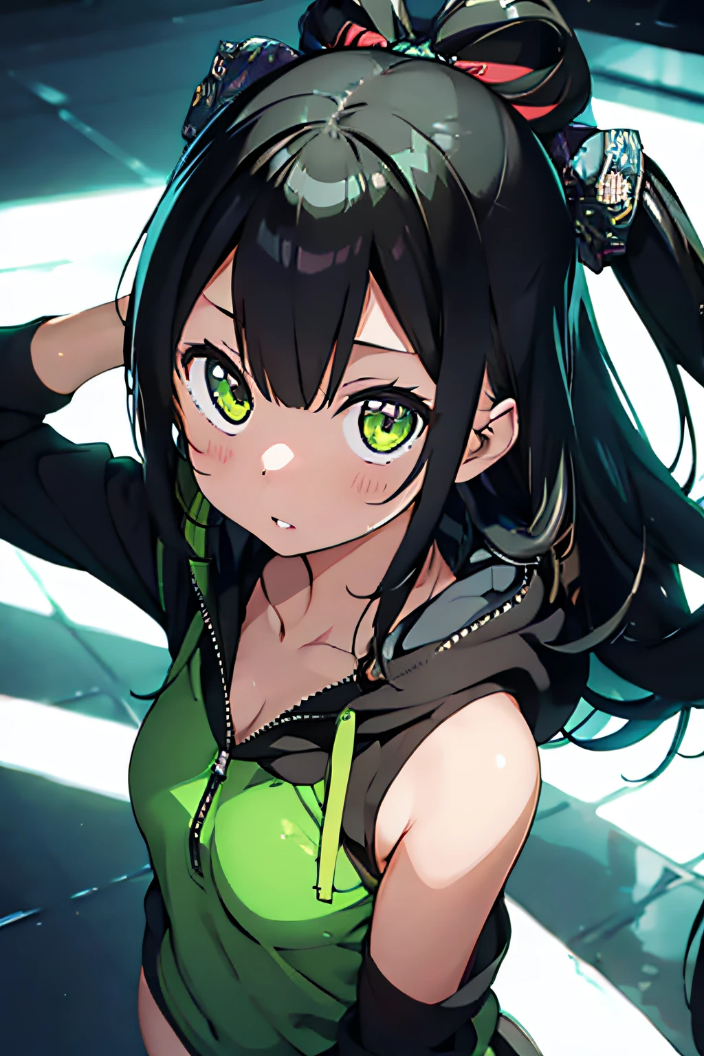 (1girl), bottomless, anime style, polished and powerful look, exotic, girl design, mara, portrait, giesha, anime image, with yellow green side tail long hair, showing shoulder, black and green hoodie, low angle, wide angle lens f/2.8, ultra insane high resolution intricate textures, texture indentation, perfect perspective, perfect geometry, ultra insane ambient lighting, ultra insane ambient shadows, luminism, tessellation, maximalism, perfectionism, IPA Award wining masterpiece,