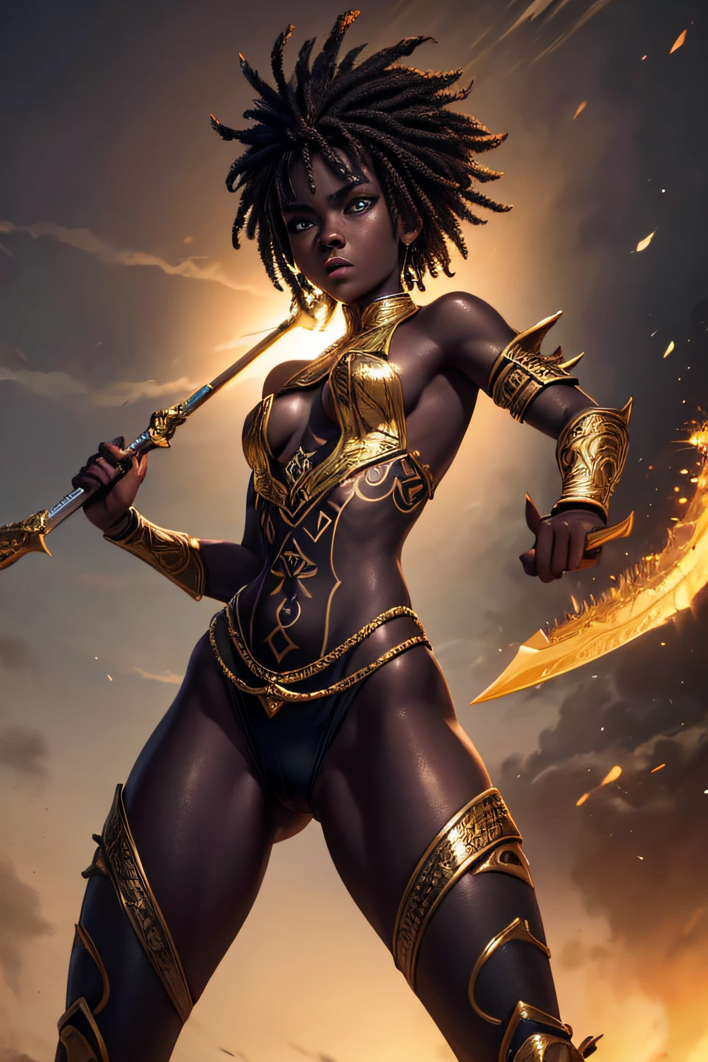 young african teen girl, ancient african tribal warrior, very dark black skin, wielding a pike,,combat stance, facepaint, bodypaint, sexi, small breasts, highly detailed, vibrant appearance, creative behavior, extremly detailed, imaginative, sensual, spontaneous, highest quality, skin texture, intricate details, (cinematic lighting), RAW photo, 8k, masterpiece,best quality,ultra-detailed,very detailed illustrations,extremely detailed,intricate details,highres,super complex details,extremely detailed 8k cg wallpaper,