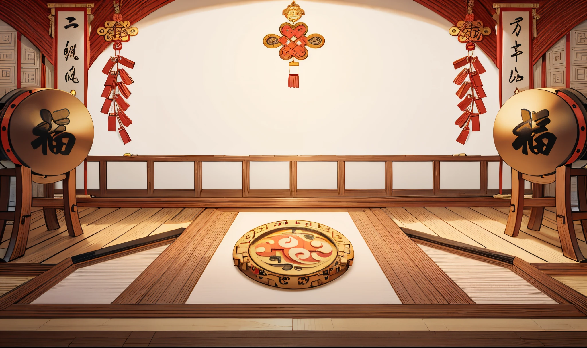 There are two drums on the floor of a room, background depicting a temple, dance hall background, a temple background, ancient interior tent background, Zen temple background, interior background art, palace background, dance hall background, Stage background, china idol, Personal room background, indoor background, Korean traditional interior decoration, korean traditional palace, traditional chinese textures, Chinese temple, japanese painting