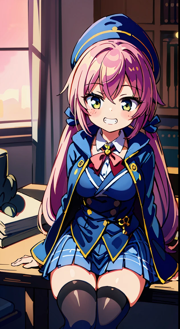 (masutepiece, Best Quality, Perfect Anatomy, High quality:1.4), nice hand, Perfect hands, Detailed beautiful hands, Large_filesize, fulcolor, hight resolution, symmetric, exceptional, Best aesthetic, newest, Anime, very beautiful detailed body、Have、The eye, BREAK,
1 beautiful girl, Solo,(Cute:1.5),(Chibi:0.8), (kawaii:1.5),(Lori:0.5), BREAK, (girl, Cute, Cheerful, Loli face, medium breasts:1.2),(Pink hair,disheveled short twin tails,tareme,Gold eyes:1.2),gleaming skin,Clear skin, cleavage of the breast,Beautiful , gleaming skin,Clear skin, Beautiful skin,( A smile:1.5),(best quality face),(Top quality glowing eyes), (Doya face,brave face:1.45),
BREAK, Witch Hat,
(grin, 😀, Smirk), Open mouth, angry, droolng, (tag(School uniform:1.1), Fantasy costume,
(Sorcerer'cloak of, Black cloak), (Collared shirt, White shirt), (Miniskirt:1.2), (Green skirt, Pleated skirt), (plaid skirts:1.1), (thick thighs:1.2), (black kneehighs:1.2), (zettai ryouiki:1.3),BREAK, (Magic books are spread out on the table:1.2), Stacked books,
(Girl sitting on chair with legs crossed:1.2), 1 person'Hands raised, Detailed hand,
BREAK,(day), Indoor, medieval fantasy archives, gothic library, Magic Book, bookcase, 1 table, 1 chair, 1 lantern, basements, darkened room, (Countless crystals floating in the air:1.2), (big chunks :1.2), Waterfall,depth of fields,
BREAK,wakame,wakame,wakame,(Cowboy Shot:1.4),
BREAK,(Blurry background:1.3),(absurderes, hight resolution, Super Detail Art),cel shading,Clear Color, Lonely optical effect, Beautiful pictures, Bright glow, mystic atmosphere,(Close-up of girl:1.1), Mystical light particle effect,manga influence, clean line drawings,
Ryu, Ryu, Ryu, Ryu, Ryu, Ryu, Ryu, Ryu, Ryu, Ryu, Ryu, Ryu