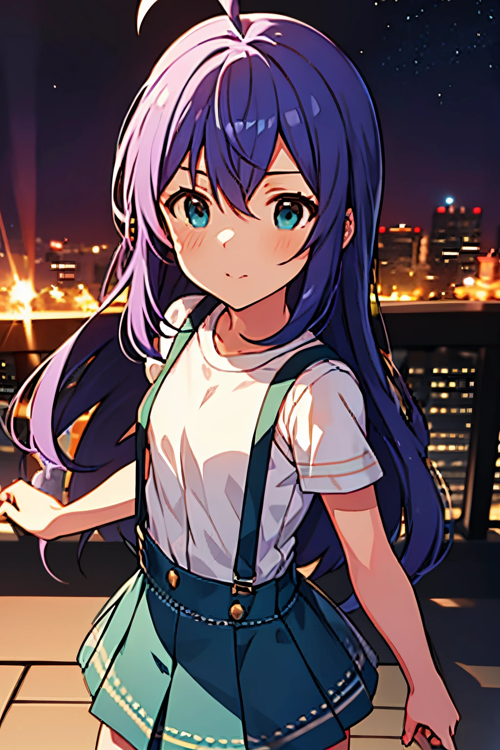 {{{{{mochizuki anna}}}}},1girl,solo,long hair,purple hair,small_ahoge,blue eyes.short stature.white t-shirts.suspenders.skirt.(((masterpiece))).(((best quality))).((ultra-detailed))).(((illustration))).night view.small Breasts.fighting stance