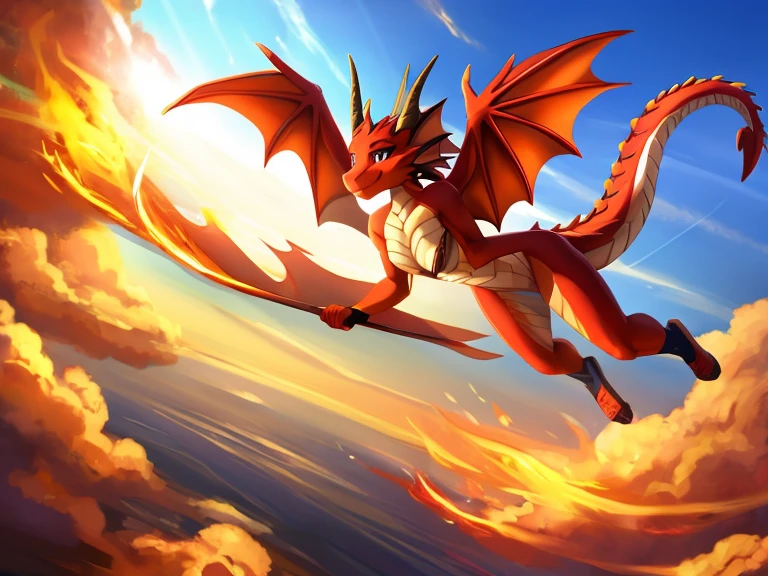 1dragon girl, anthro, fire dragon, flying, sunny day, smile, best quality, Masterpiece