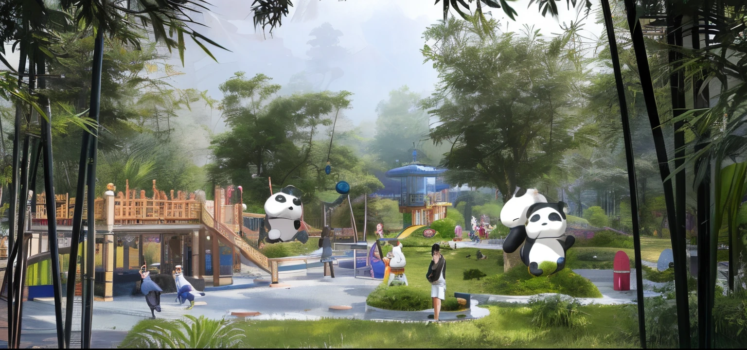 A park with a playground and pandas, hand-painted by Zezhou Chen, featuring award-winning concept artwork. The illustration showcases a realistic rendering using Pixar rendering techniques. The scene depicts a vibrant children's playground with playful pandas. The pandas are the central focus, with intricate details on their fur and expressive faces. The artwork exhibits a surreal and conceptual art style. The color palette leans towards vivid and vibrant tones, creating a lively and joyful atmosphere. The lighting casts a soft, warm glow, enhancing the dream-like quality of the scene. The artwork  of the highest quality, with a resolution of 4k or 8k, ensuring ultra-detailed visuals. The artist, Fei Danxu, has expertly captured the essence of the pandas and the playful atmosphere of the park. The scene seamlessly combines digital rendering and traditional art techniques, resulting in a masterpiece of imagination and creativity.

Be aware of：
- in the theme"Pandas and pandas in the park with playground"Expressing the scene of a panda in a park。You can add more details about the playground and pandas in the description，And the environmental background of the park。
- When describing pandas，Emphasize the details of their fur and facial expressions。
- Some specific rendering techniques and artist names are mentioned in the description，To enhance the texture and professionalism of your imageased on topic description，Highlight surreal and conceptual art elements in images。
- When describing color shades，Emphasis on bright and vivid color palettes。
- Image quality in description，Emphasis on high quality and ultra-high detail of resolution。
-At last，Mention the artist&#39;s name，to show the author and creator of the painting。