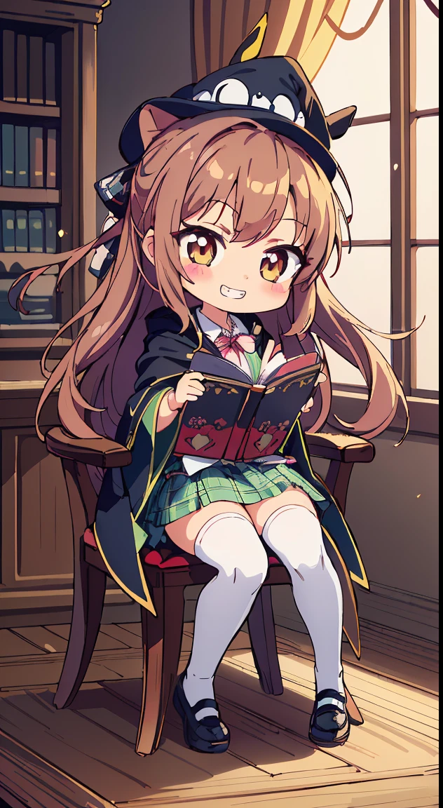 (Cute illustration:1,2),(Absurd realistic structure details),(High resolution complex and detailed text quality),(High-resolution microstructure、High poly 3 boobs D rendering correction),Methods of geometry,Careful explanatory anatomy,(chibi,full body:1.6),
BREAK,
1girl in, (Cute:1.5),(Chibi:0.5),(kawaii:2.0),(Lori:2.0),(7 year old girl),(Solo:1.65),BREAK, (flat chest:1.2,), Clear skin, Beautiful skin, Shy, One Beautiful Girl,(Hair Bow, reddish brown hair, Twin-tailed:1.2), (Brown eyes, long eyelashes, Double eyelids: 1.2), Shiny skin, gleaming skin,Clear skin, Beautiful skin,( A smile:1.5), Solo,gleaming skin, Clear skin, Beautiful skin(best quality face),(Top quality glowing eyes), (The best smile,Doya face:1.45), BREAK, Witch Hat,
(grin, 😀, Smirk), Open mouth, angry, droolng, (tag(School uniform:1.1), Fantasy costume,
(Sorcerer'cloak of, Black cloak), (Collared shirt, White shirt), (Miniskirt:1.2), (Green skirt, Pleated skirt), (plaid skirts:1.1), (thick thighs:1.2), (black kneehighs:1.2), (zettai ryouiki:1.3),BREAK, (Magic books are spread out on the table:1.2), Stacked books,
(Girl sitting on chair with legs crossed:1.2), 1 person'Hands raised, Detailed hand,
BREAK,(day), Indoor, medieval fantasy archives, gothic library, Magic Book, bookcase, 1 table, 1 chair, 1 lantern, basements, darkened room, (Countless crystals floating in the air:1.2), (big chunks :1.2), Waterfall,depth of fields,
BREAK,wakame,wakame,wakame,(Cowboy Shot:1.4),
BREAK,(Blurry background:1.3),(absurderes, hight resolution, Super Detail Art),cel shading,Clear Color, Lonely optical effect, Beautiful pictures, Bright glow, mystic atmosphere,(Close-up of girl:1.1), Mystical light particle effect,manga influence, clean line drawings,
Ryu, Ryu, Ryu, Ryu, Ryu, Ryu, Ryu, Ryu, Ryu, Ryu, Ryu, Ryu