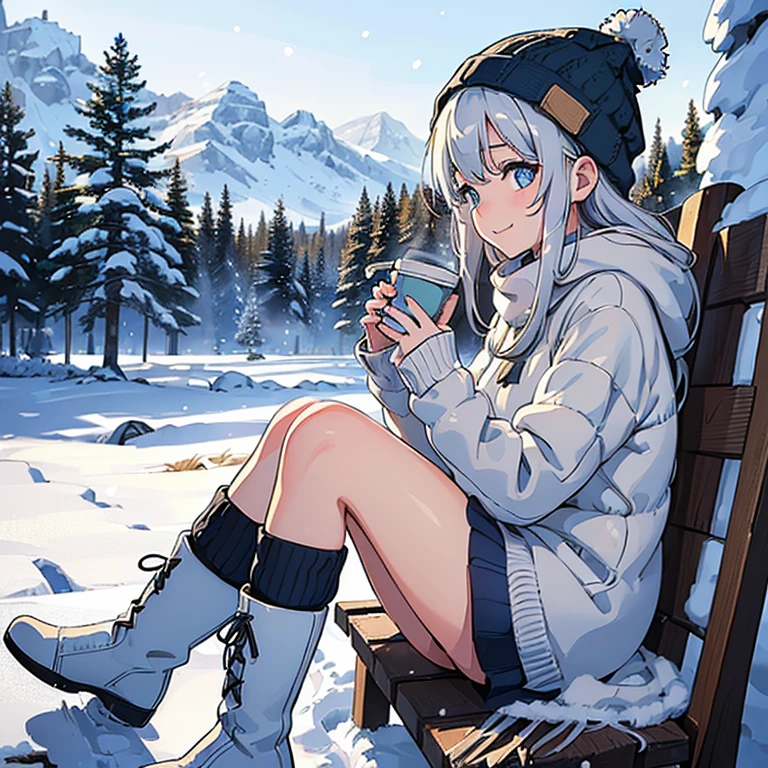 (It's cold, isn't it? :1.5), ((Masterpiece)), (((Top quality))), ((Ultra definition)), ((Illustration)), Winter, Morning, 1 girl, Alone, Sitting, Knit Cap, gray hair, blue eyes, smile, wool sweater, knee-high socks, boots, snow, pine trees, gentle snowfall, rosy cheeks, side view, holding a hot drink, winter scene