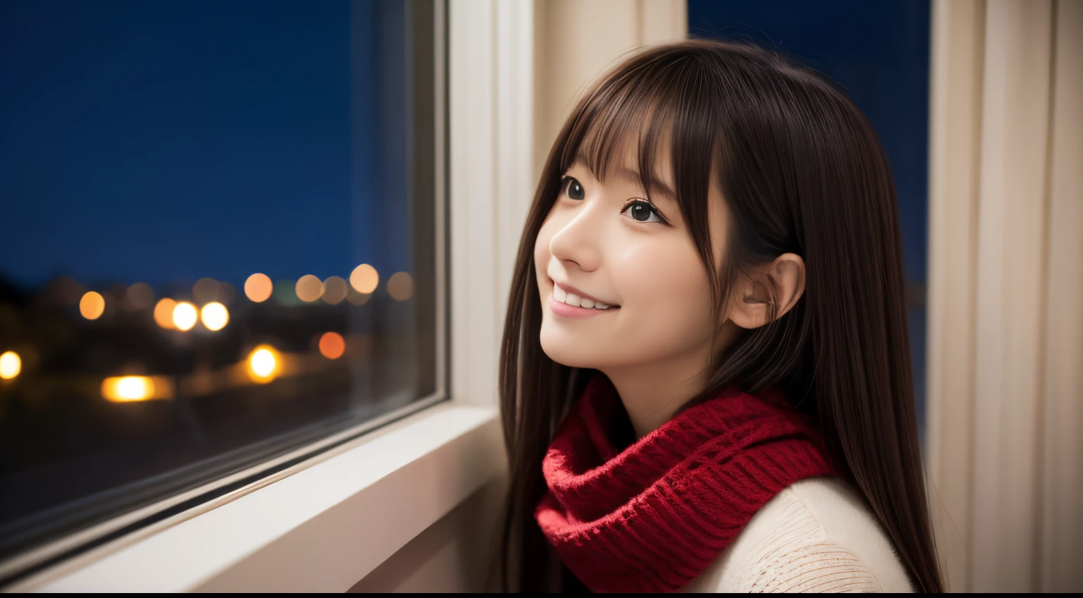 1girl in, sixteen years old、15 Japanese gravure models, (cute little, a beauty girl,profile:1.2), Modest big, Clean facial skin, 𝓡𝓸𝓶𝓪𝓷𝓽𝓲𝓬,Beautiful Christmas Night:1.2, (Look up at the night sky outside the window:1.5)、(room with christmas tree:1.2), (fluffy white wool sweater:1.2), red scarf, (Red pleated skirt), A dark-haired、Lost in thought with a happy expression、 Best Quality, hight resolution, Detailed skin, Detailed face and eyes, Hi-Res, Natural lighting, Perfect Anatomy, Physically-based rendering, Photorealistic, symmetric clear eyes, Well-groomed face,Teenage girl, Perfect figure, Transparency, hposing Gravure Idol,