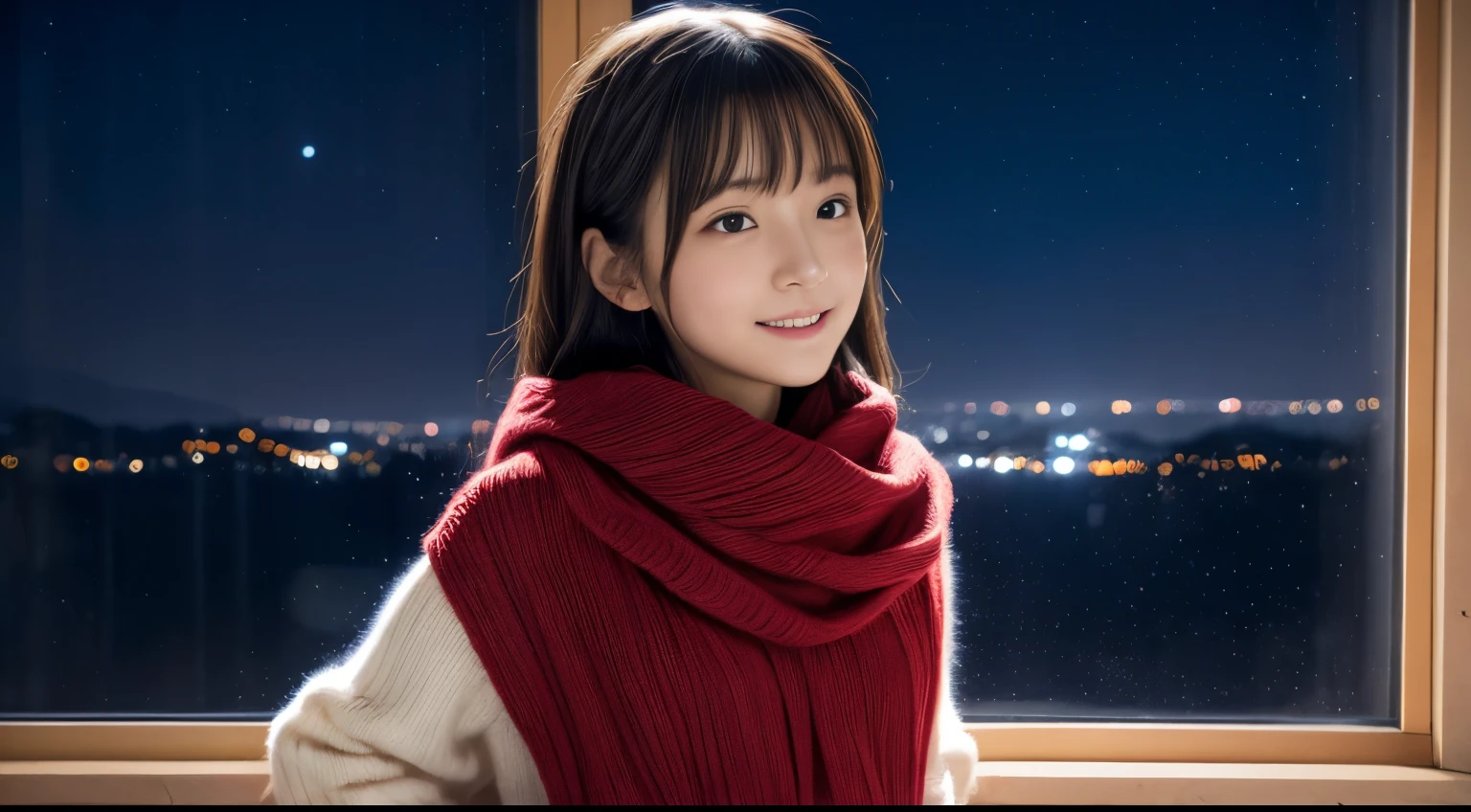 1girl in, sixteen years old、15 Japanese gravure models, (cute little, a beauty girl,profile:1.2), Modest big, Clean facial skin, 𝓡𝓸𝓶𝓪𝓷𝓽𝓲𝓬,Beautiful Christmas Night:1.2, (Look up at the night sky outside the window:1.5)、(room with christmas tree:1.2),  (fluffy white wool sweater:1.2),  red scarf, (Red pleated skirt),   A dark-haired、Lost in thought with a happy expression、 Best Quality, hight resolution, Detailed skin, Detailed face and eyes, Hi-Res, Natural lighting, Perfect Anatomy, Physically-based rendering, Photorealistic, symmetric clear eyes, Well-groomed face,age girl, Perfect figure, Transparency, hposing Gravure Idol,