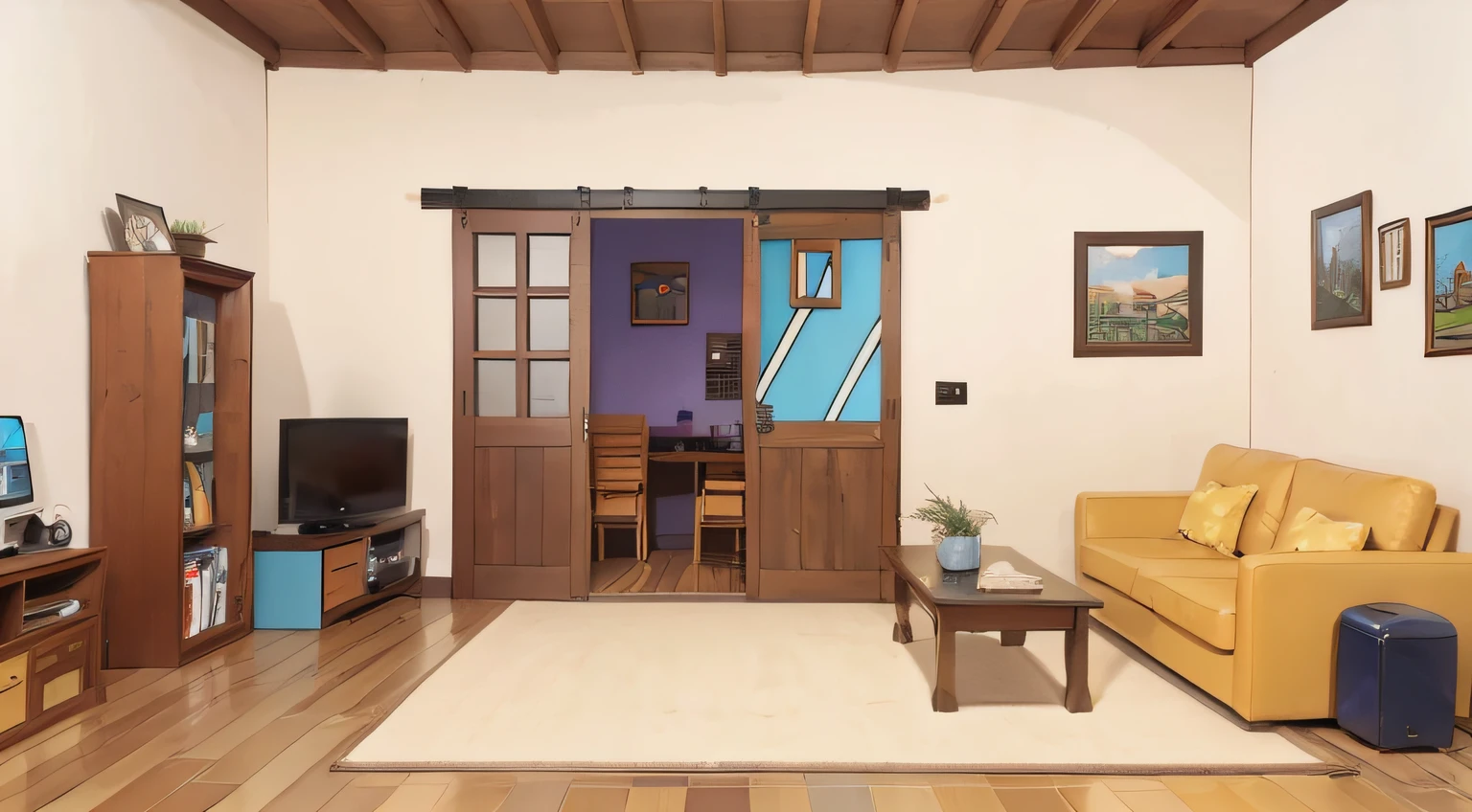 quality,tmasterpiece,hyper HD,liveroom,The sofa in the middle,Positive point of view,wooden floor,Door in the distance,Shoe cabinet,Refrigerator