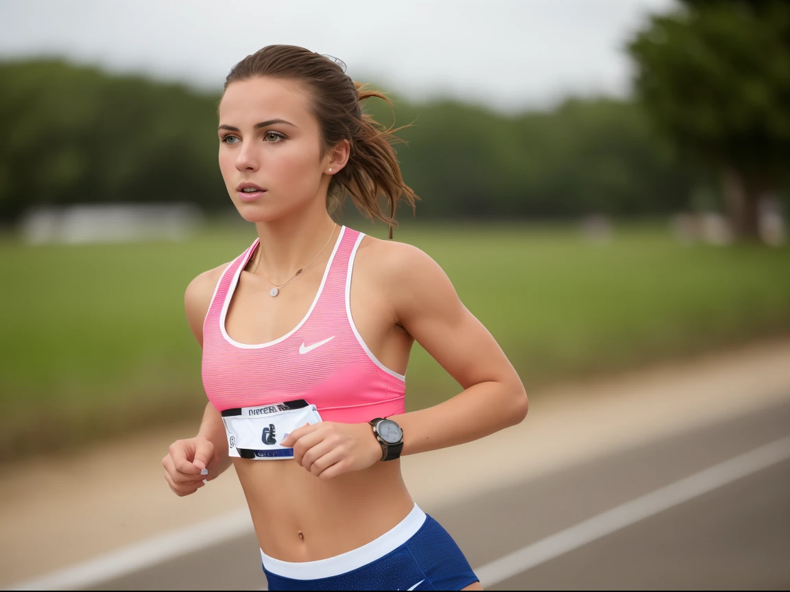 (((masterpiece))), ((one) girl 26 year old) (((Caucasian))) ((small breast)) French girl with shoulder length messy  brunette hair, she  petite, wearing running gear and ((sports watch)), she running, outdoor running track, taken with, Canon 85mm lens, extreme quality, heavily retouched, heavy makeup, very high quality, flawless beauty,