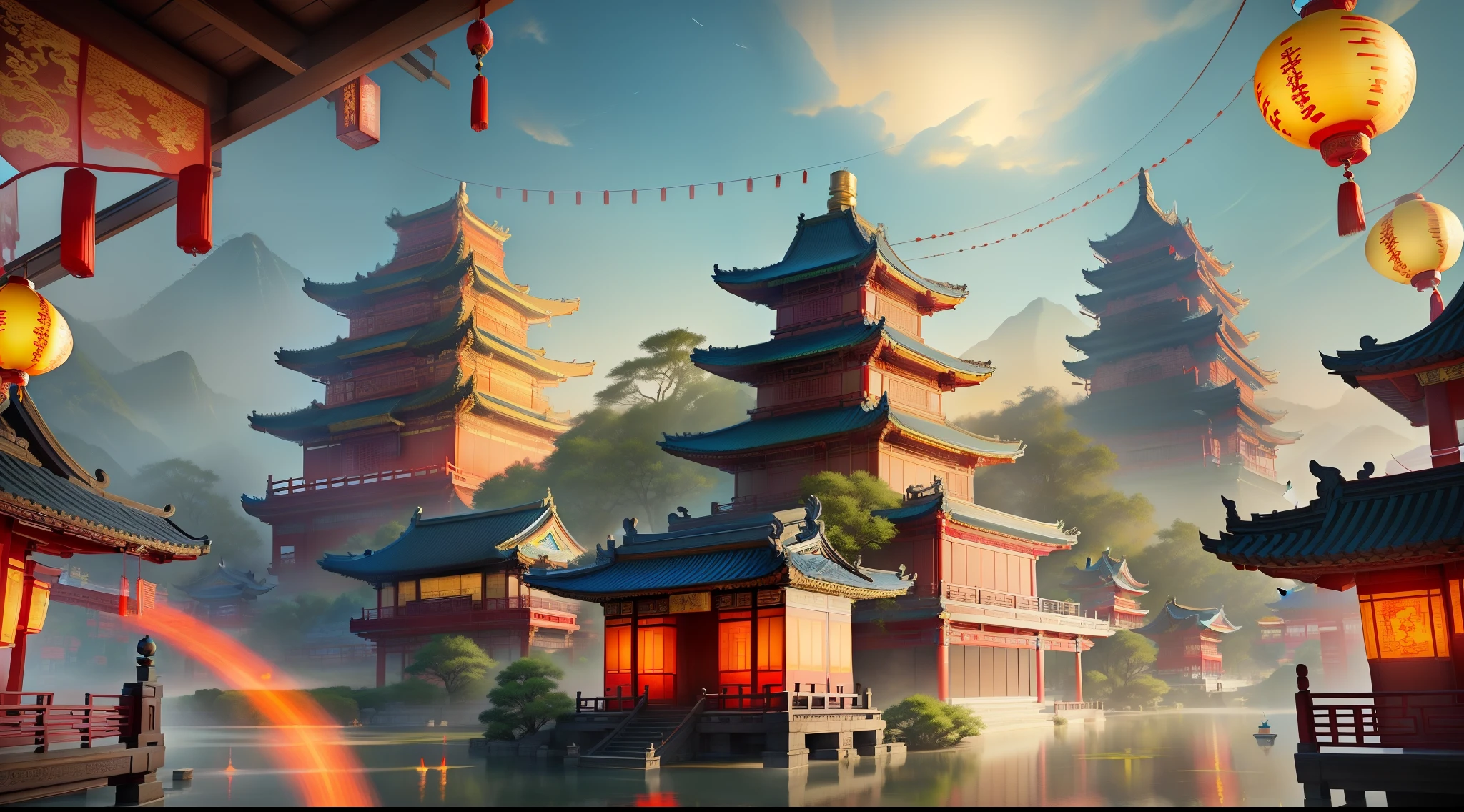 Chinese temple paintings，There are lanterns and a pond in front, Ancient Chinese castles, digital painting of a pagoda, Beautiful rendering of the Tang Dynasty, Dream China Town, 8K high quality detail art, rossdraws global illumination, Anime background art, G Liulian art style, ancient city landscape, ross tran. scenery background