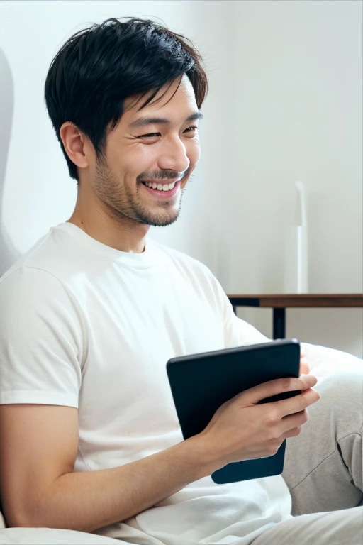 man looking at smartphone,a smile,Handsome Japanese 30 year old man,I have a smartphone,I&#39;m under a futon in a white room,