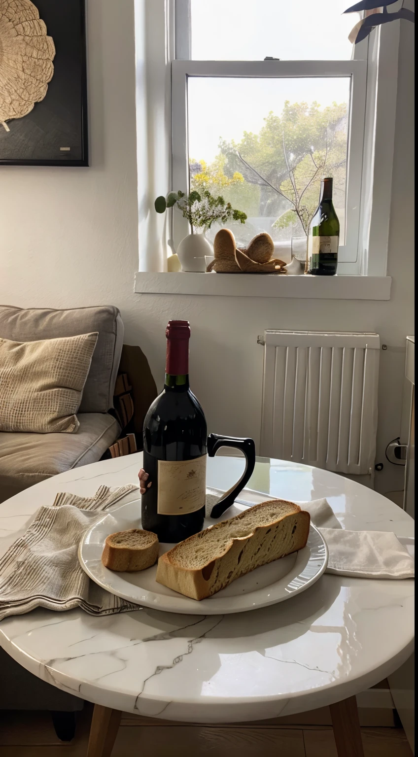 There  a bottle of white wine on the table、A picture frame and bread, Napkins and wine glasses,  Window lighting , Background curtains, Still life impasto painting , Bright background, The sun  good
