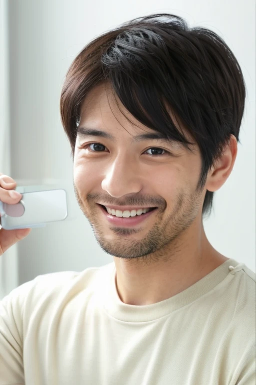 man looking at smartphone,a smile,Handsome Japanese 30 year old man,I have a smartphone,I'm under a futon in a white room,