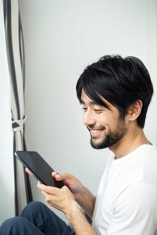 Smiling and handsome Japanese man in his 20s looking at his smartphone in his room,Upper body portrait,