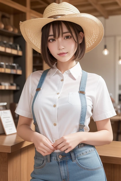 (zydG),nffsw:1.2,(hyper realisitic:1.50),(Realistic:1.4),Best Quality,masutepiece, 超A high resolution (Photorealistic: 1.4),A 22-year-old female employee at a famous cafe.,(BREAK　White cotton collared shirt with store name on it:1.2),BREAK　Denim hot pants,(BREAK　wear a green apron),BREAK　small brimmed straw hat,BREAK　Colossal breasts,Perfect makeup,Fluffy light brown short cut hair,Super beauty,Smiling,with blush cheeks,shinny skin,firm skin,Cafes in Karuizawa,Finely painted organic wood interior,,houseplant,a necklace,gyuru,piercings,(cowboy shot)