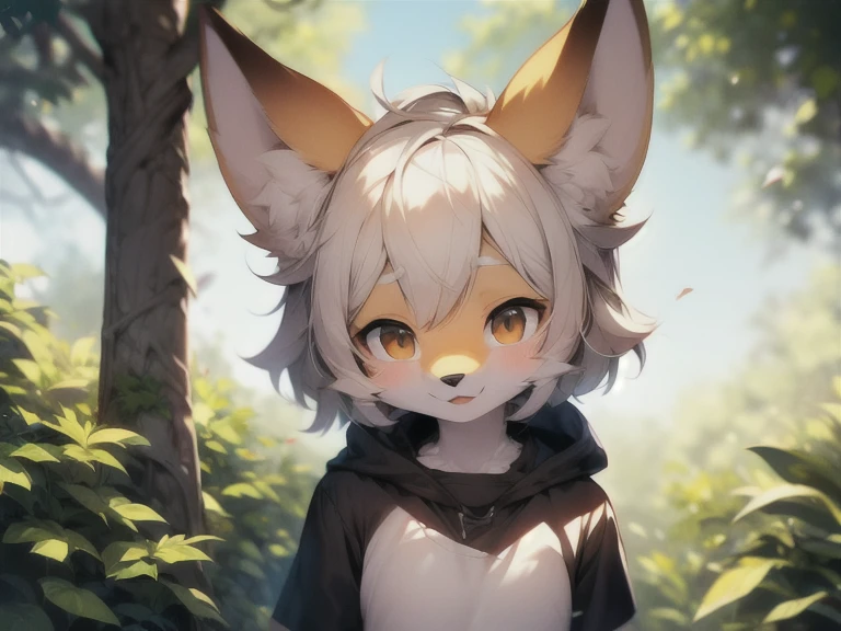mammal, canid, fur, a Dog, Solo, White body, Fennec fox, Whiskers, White fur, plant, leafs, Clothing, anthro, tuft, Ambiguous gender, Detailed background, wears black hoodie, inner ear fluff, Black nose, nipple tops, Portrait, view the viewer, Nature, Bust portrait, Fluffy, Fox, outside, Front view, shirt, Brown eyes, multicolored body