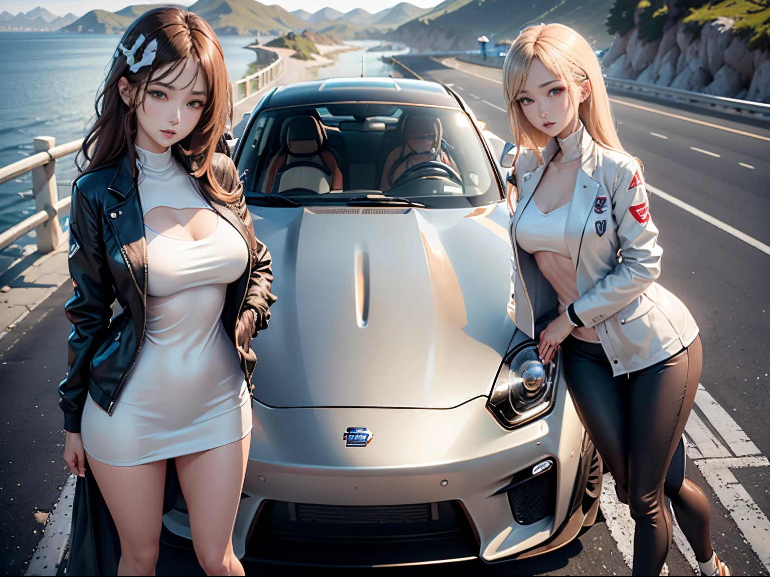 1womanl、Slender woman、sports jacket、Competition between beautiful women and sports cars、超A high resolution、An ultra-high picture quality、8K、Wonderful expression with attention to detail、early summer coastline、A pure white sports car stopped at a mountain pass.nissan fairladyＺ 3000ZR Sports Coupe