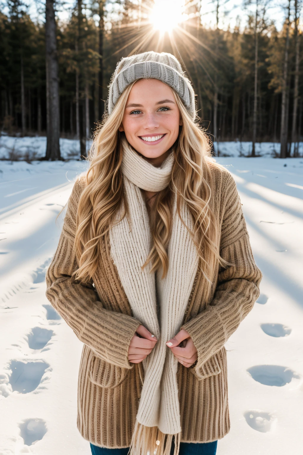 professional portrait photography of a beautiful Norwegian girl alone in winter clothes with long wavy blonde hair, smiling, golden hours, sensual seductive look, freckles, beautiful symmetrical face, cute natural makeup, wearing elegant warm winter fashion clothes, standing outside in nature, backlit light