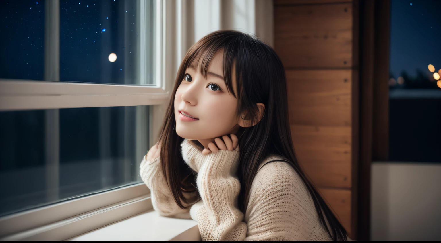 1girl in, sixteen years old、Gravure model for Japan, (cute little, a beauty girl,profile:1.2), Modest big,  𝓡𝓸𝓶𝓪𝓷𝓽𝓲𝓬,Beautiful Christmas night view and snow:1.2, (Look up at the night sky outside the window:1.5)、(room with christmas tree:1.2),  (fluffy white wool sweater:1.2),  red scarf, (Red pleated skirt),   A dark-haired、Lost in thought with a happy expression、 Best Quality, hight resolution, Detailed skin, Detailed face and eyes, Hi-Res, Natural lighting, Perfect Anatomy, Physically-based rendering, Photorealistic, symmetric clear eyes, Well-groomed face,Teenage girl, Perfect figure, Transparency, hposing Gravure Idol,