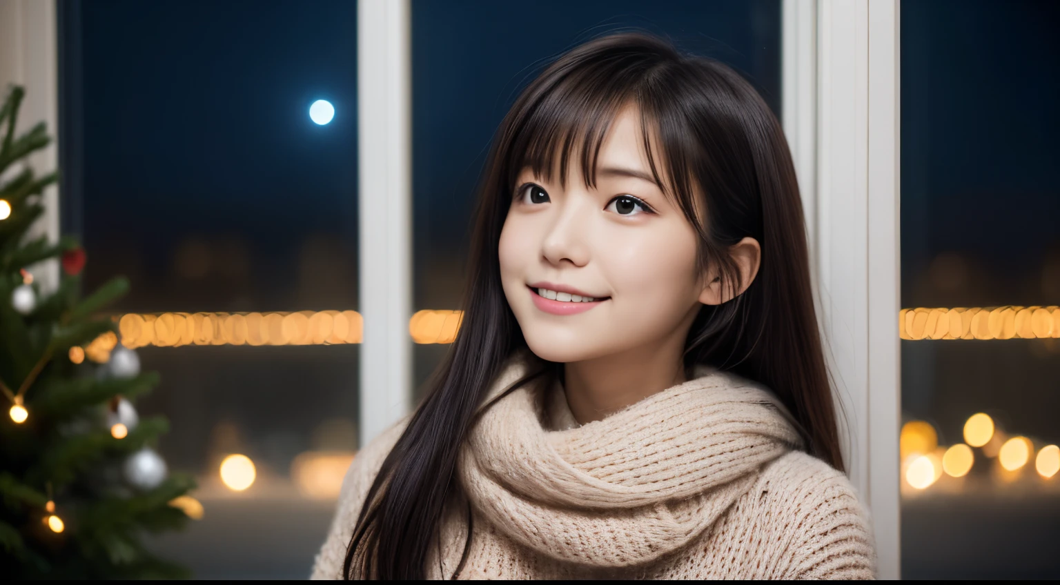 1girl in, 、Gravure model for Japan, (cute little, a beauty girl,profile:1.2), Modest big,  𝓡𝓸𝓶𝓪𝓷𝓽𝓲𝓬,Beautiful Christmas night view and snow:1.2, (Look up at the night sky outside the window:1.5)、(room with christmas tree:1.2),  (fluffy white wool sweater:1.2),  red scarf, (Red pleated skirt),   A dark-haired、Lost in thought with a happy expression、 Best Quality, hight resolution, Detailed skin, Detailed face and eyes, Hi-Res, Natural lighting, Perfect Anatomy, Physically-based rendering, Photorealistic, symmetric clear eyes, Well-groomed face,Teenage girl, Perfect figure, Transparency, hposing Gravure Idol,