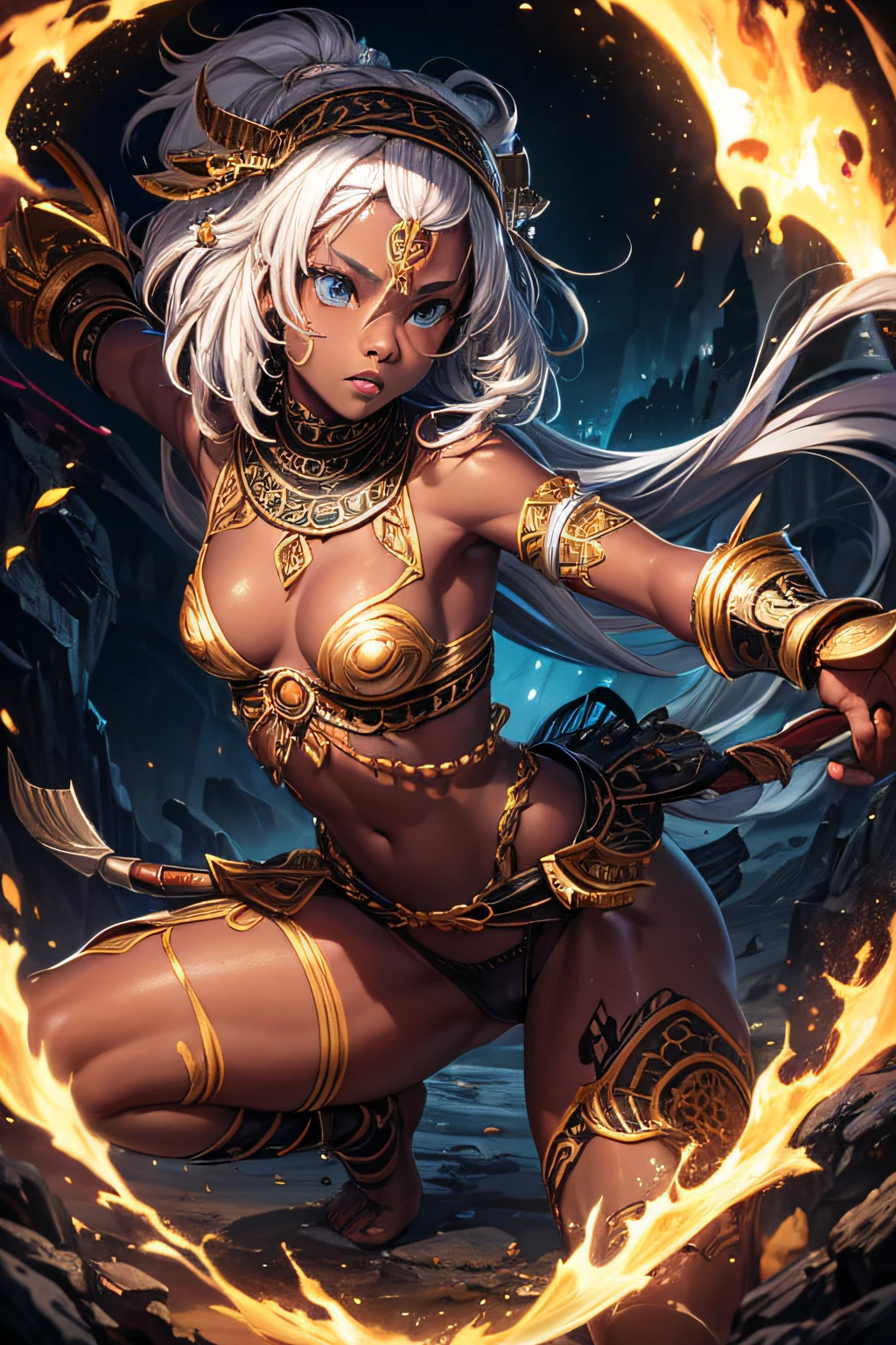 young african teen girl, ancient african tribal warrior, very dark black skin, white hair wielding a pike,,combat stance, facepaint, bodypaint, sexi, small breasts, tribal village in background, highly detailed, vibrant appearance, creative behavior, extremly detailed, imaginative, sensual, spontaneous, highest quality, skin texture, intricate details, (cinematic lighting), RAW photo, 8k, masterpiece,best quality,ultra-detailed,very detailed illustrations,extremely detailed,intricate details,highres,super complex details,extremely detailed 8k cg wallpaper,