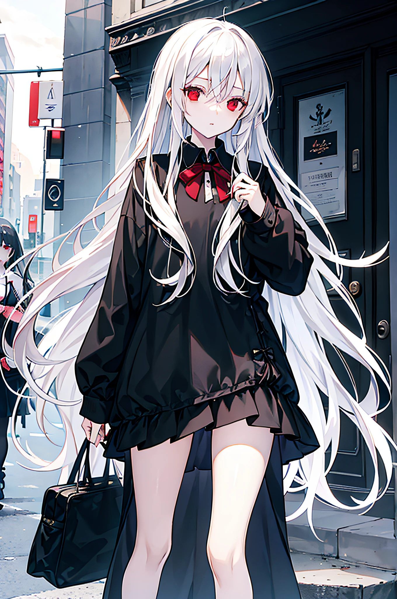 Girl with long white hair wearing black gauze skirt，In the daytime，Just in front of the hotel，Carrying a canvas bag，Red eyes looking at you，