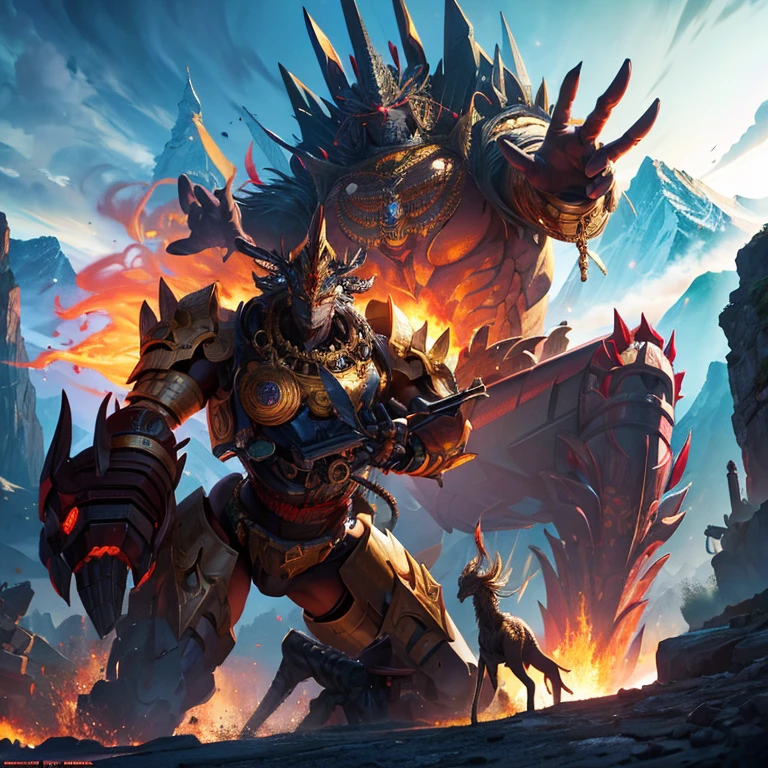 visually stunning and detailed anime-style artwork set against the backdrop of the majestic Himalayas. Envision a colossal mech adorned with intricate Hindu gods-inspired motifs, showcasing battle scars and battle damage as it confronts a formidable serpent-like monster. Bring out the ethereal essence of the surroundings with divine energy radiating from the mech and an aura of mysticism enveloping the entire scene. Emphasize the dynamic interaction between the mechanical deity and the monstrous serpent, capturing the intensity and power of their epic clash in this mythical and breathtaking setting