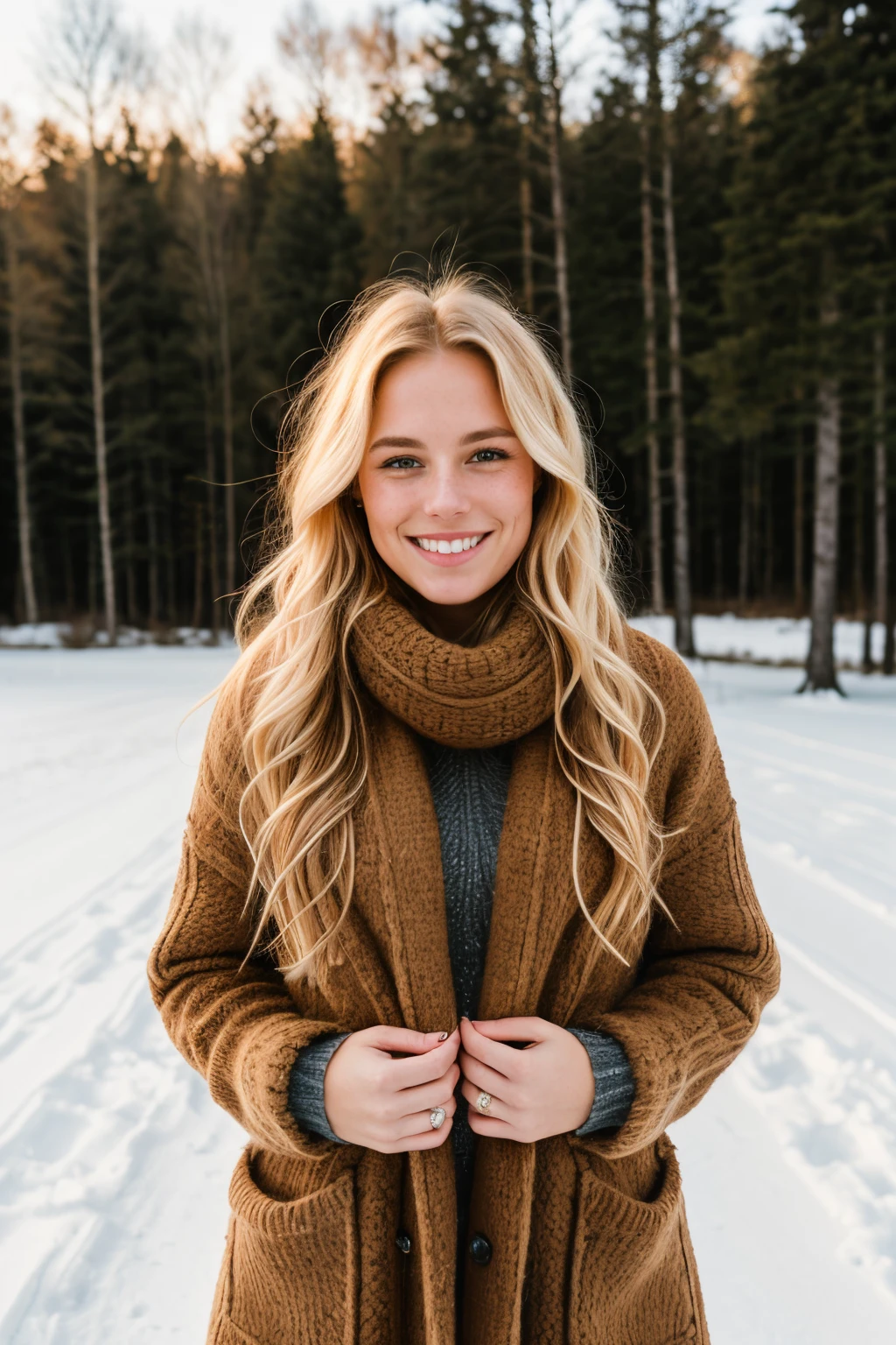 professional portrait photography of a beautiful Norwegian girl alone in winter clothes with long wavy blonde hair, smiling, golden hours, sensual seductive look, freckles, beautiful symmetrical face, cute natural makeup, wearing elegant warm winter fashion clothes, standing outside in nature,
