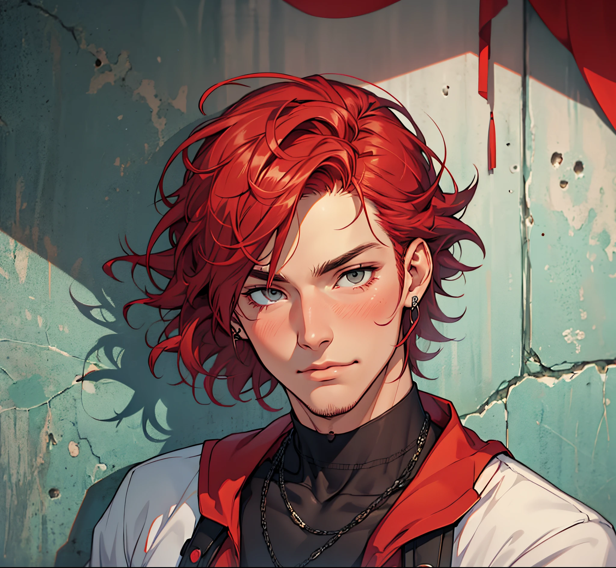 Young man, man, short red hair, close-up portrait, psychotic, crazy smile, bright eyes, red eyes, devil, horns, red complexion, schoolboy outfit, cross earring, black piercing, black tattoo, tight outfit, long eyelash, freckle, sensual pose, posing, looking at the lens, tongue sticking out, reptile tongue.