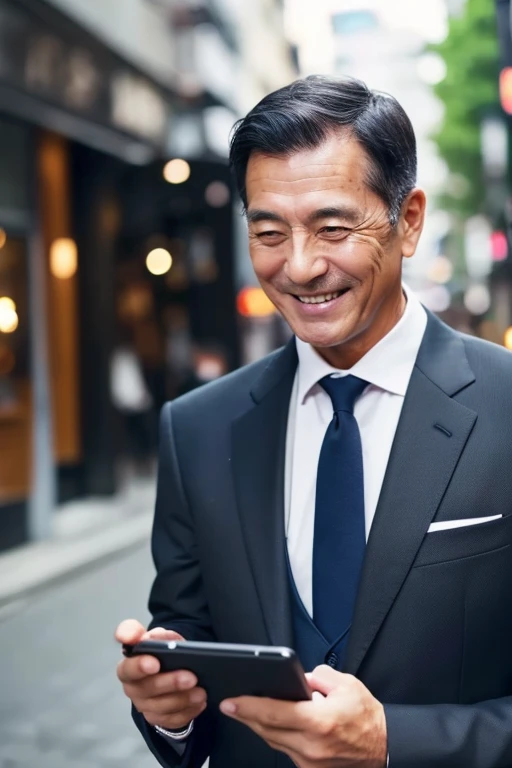 man looking at smartphone,a smile,Handsome Japanese 50 year old man,I have a smartphone,wears a suit