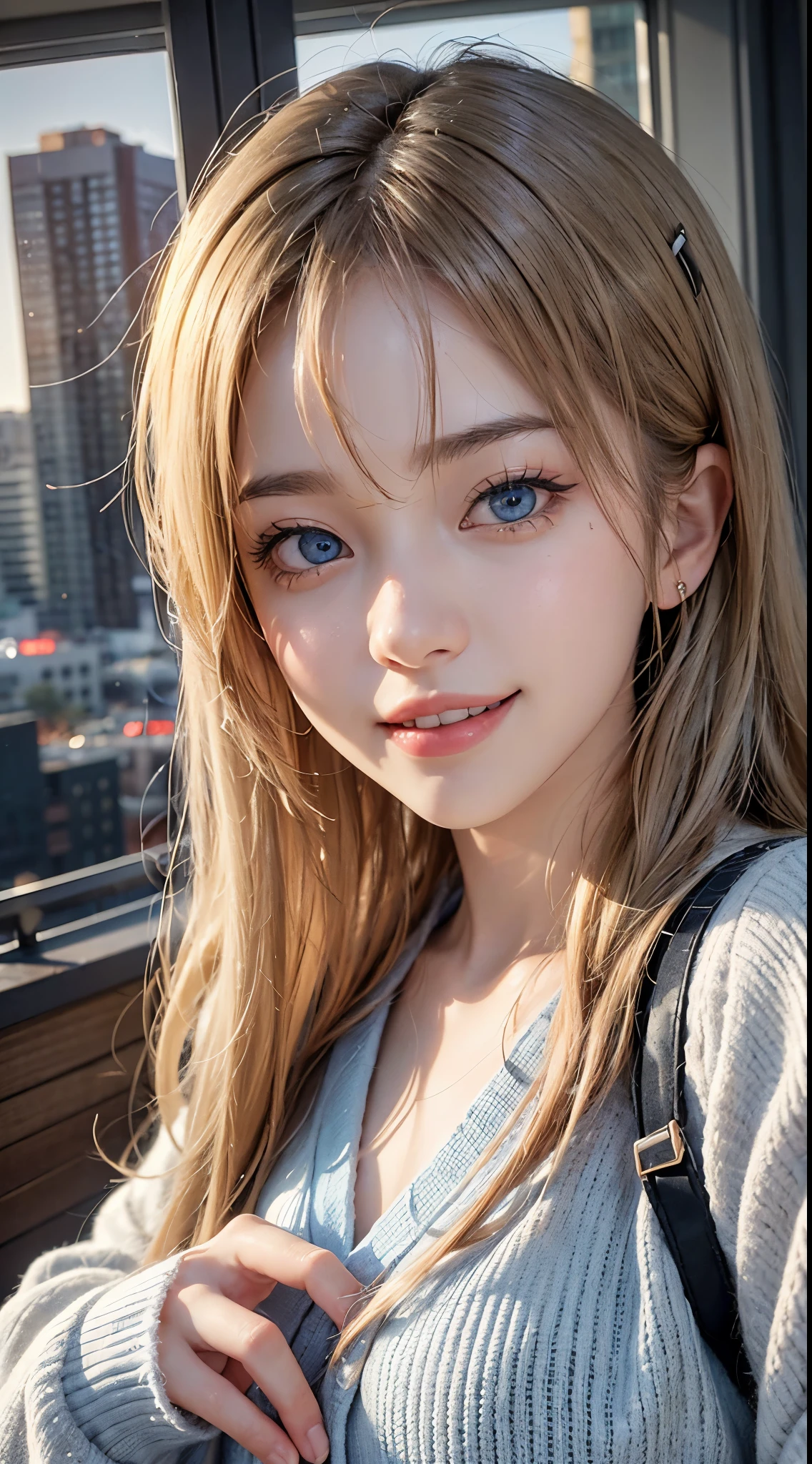 About 20 years old、Japan women、Beautiful woman、Blonde straight long hair、Beautiful hair、A detailed face、Detailed eyes、A detailed face、Detailed skin、realskin、((pajamas、Canadian pattern long cardigan))、autumn hospital、Hospital garden、Large ginkgo tree、((Light blue eyes)), Fisheye, Selfie, Wind, hair messy, Sunset, Cityscape, (Aesthetics and atmosphere:1.2),((Smiling))、((white teeth smile))