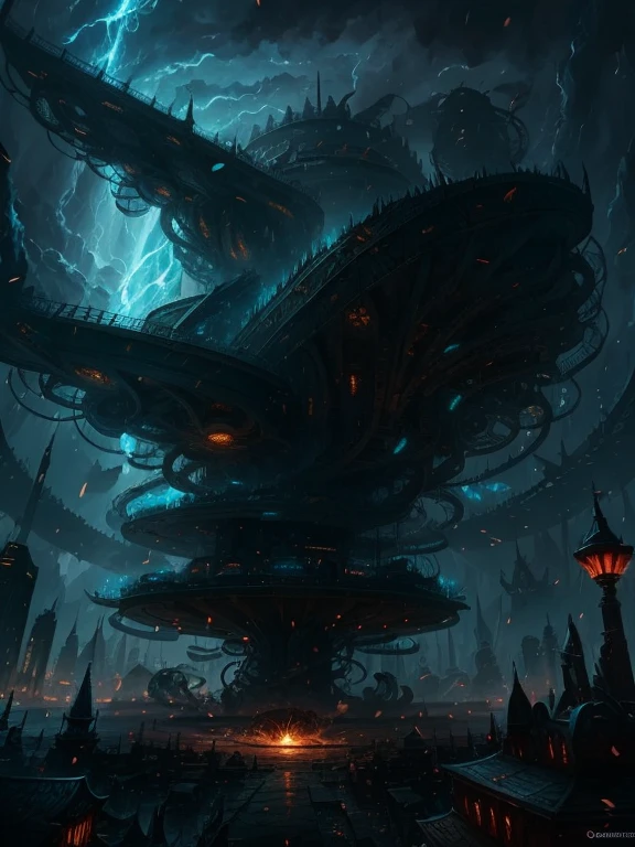 draw me an enormous cyclone in a city with fantasy style of magic the gathering, destruction of the builds