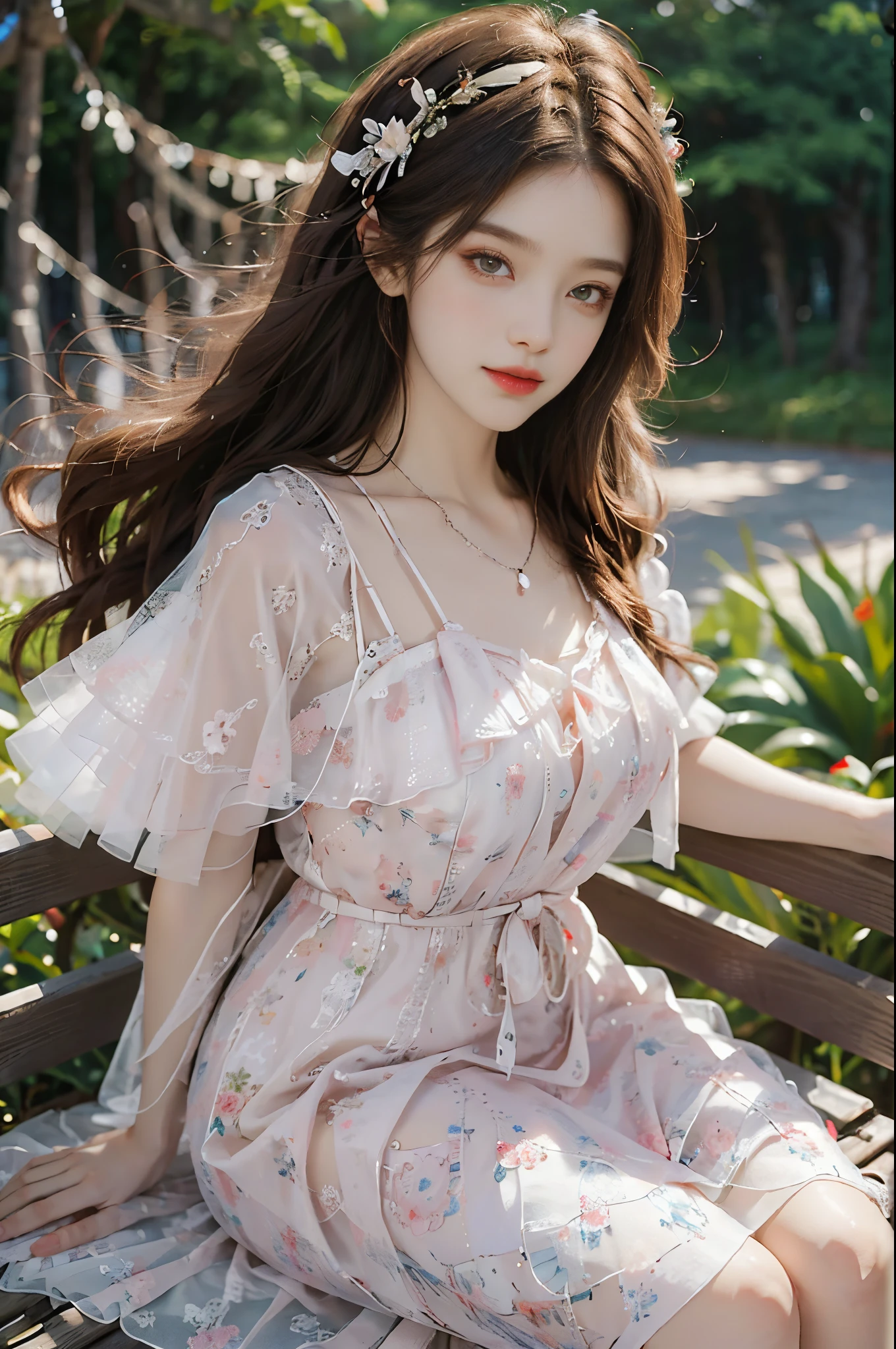 Sweet girl dress2,dress,fashi-girl, red lips, mature female, makeup, Big eyes, Pretty eyes, ((full body)), ((Random shooting angles)), (best quality, masterpiece:1.2), ultra-detailed, (realistic:1.37), beautiful, youthful, glamorous model with (detailed eyes, detailed lips, extremely detailed eyes), with white and floral colors, showcasing a radiant smile, creating a breathtaking depiction of a girl, Warm tones, extremely high color saturation, official art, extremely detailed CG unified 8k wallpaper,(High dynamic range :1.4), (cinematic),(soft colors, dull colors, soothing tones :1.3), (natural skin texture, ultra-realistic, soft light, sharp),(very detailed), Night, moonlight, In an antique pavilion, sit on a bench against the guardrail