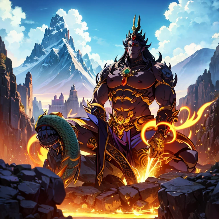 visually stunning and detailed anime-style artwork set against the backdrop of the majestic Himalayas. Envision a colossal mech adorned with intricate Hindu gods-inspired motifs, showcasing battle scars and battle damage as it confronts a formidable serpent-like monster. Bring out the ethereal essence of the surroundings with divine energy radiating from the mech and an aura of mysticism enveloping the entire scene. Emphasize the dynamic interaction between the mechanical deity and the monstrous serpent, capturing the intensity and power of their epic clash in this mythical and breathtaking setting