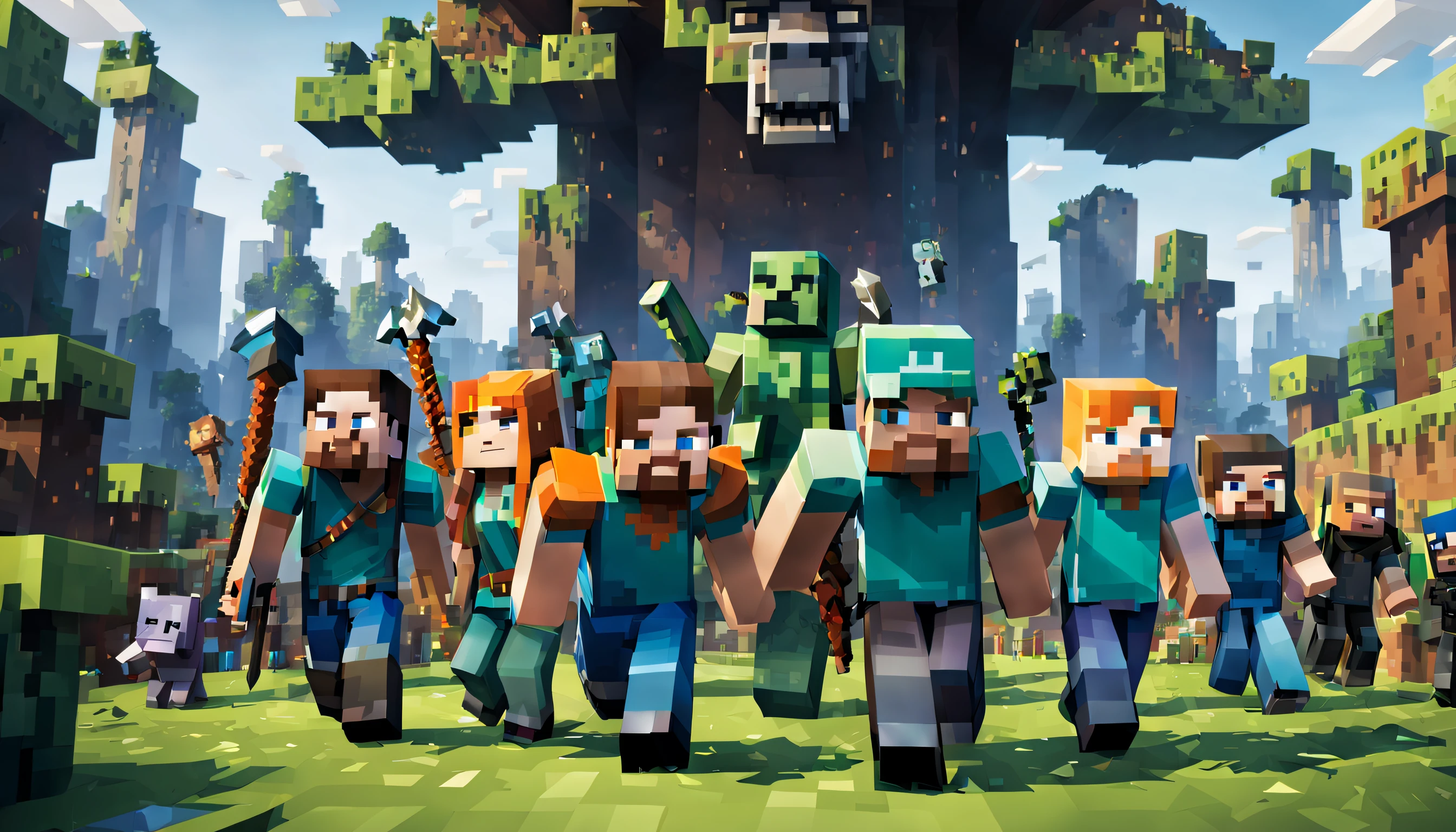 full-length minecraft heroes in the foreground