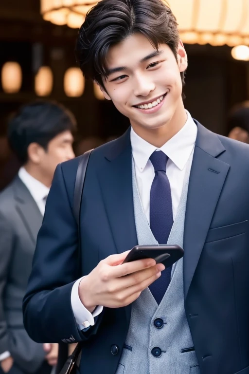 man looking at smartphone,a smile,20 year old man with handsome Japan,I have a smartphone,wears a suit