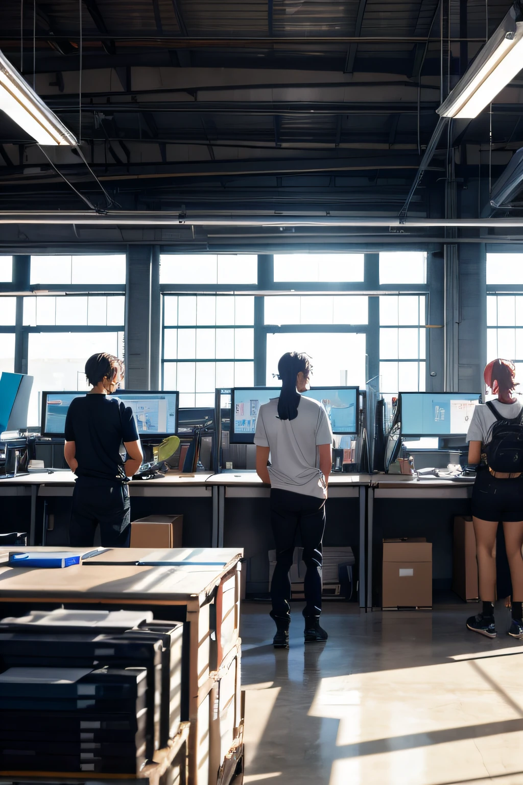 High resoultion, 8k, midshot of four people standing near a workstation without computers, in a warehouse, anime style