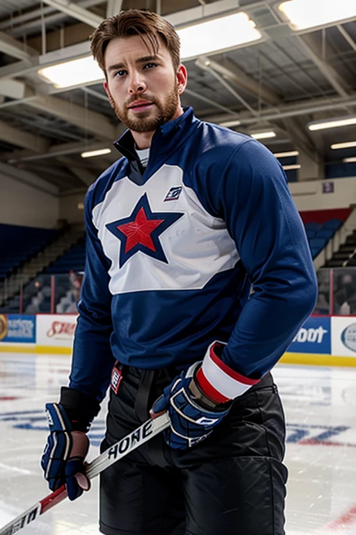 chris evans is a ice hockey player, muscular body, he is in an ice rink