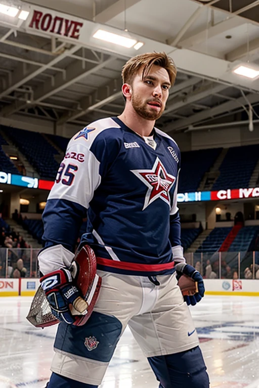 chris evans is a ice hockey player, muscular body, he is in an ice rink